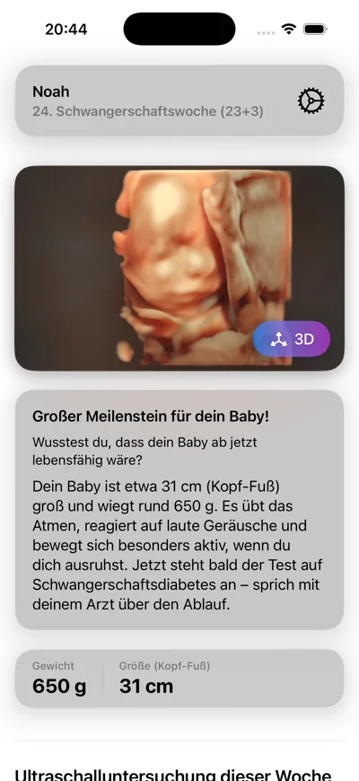 ScanBaby auf dem iPhone mit Wochenentwicklung und einem 3D-Ultraschallbild