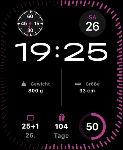 Apple-Watch-Zifferblatt mit ScanBaby-Komplikationen für Schwangerschaftswoche, Entwicklung und Geburtstermin-Countdown